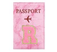 ILIYAH Soporte personalizado para pasaporte con inicial - Letra de chenilla de mármol rosa, funda impermeable de piel sintética para pasaporte, bonito regalo de viaje para mujeres y niñas, esencial