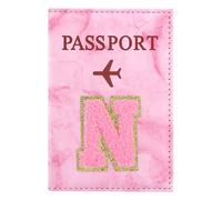 ILIYAH Soporte personalizado para pasaporte con inicial - Letra de chenilla de mármol rosa, funda impermeable de piel sintética para pasaporte, bonito regalo de viaje para mujeres y niñas, esencial