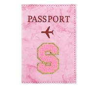 ILIYAH Soporte personalizado para pasaporte con inicial - Letra de chenilla de mármol rosa, funda impermeable de piel sintética para pasaporte, bonito regalo de viaje para mujeres y niñas, esencial