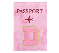 ILIYAH Soporte personalizado para pasaporte con inicial - Letra de chenilla de mármol rosa, funda impermeable de piel sintética para pasaporte, bonito regalo de viaje para mujeres y niñas, esencial
