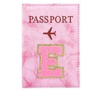 ILIYAH Soporte personalizado para pasaporte con inicial - Letra de chenilla de mármol rosa, funda impermeable de piel sintética para pasaporte, bonito regalo de viaje para mujeres y niñas, esencial