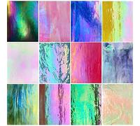 ILLUCKAI 12 hojas de vidrieras iridiscentes, 4 x 6 pulgadas, azulejos de mosaico de vidrio iridizado arcoíris para manualidades, suministros de vidrieras para proyectos de arte de vidrio y mosaicos