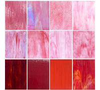 ILLUCKAI 12 hojas mixtas de vidrieras rojas y rosadas, suministros de vidrieras de 4 x 6 pulgadas, azulejos de vidrio de mosaico para manualidades, vidrio de catedral para principiantes y aficionados