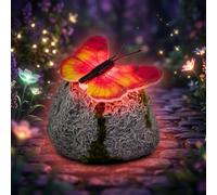 Illuminated Butterfly Stone Garden Light,Solar LED Powered Waterproof Outdoor Decor,Butterfly Glowing Landscape Rock,Figurine Lamp with Sparkling Light-Up Wings for Flower Bed,Patio,Lawn,Yard (Red)