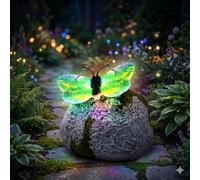 Illuminated Butterfly Stone Garden Light,Solar LED Powered Waterproof Outdoor Decor,Butterfly Glowing Landscape Rock,Figurine Lamp with Sparkling Light-Up Wings for Flower Bed,Patio,Lawn,Yard (Green)