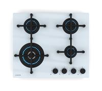 Klarstein Illuminosa 4 Placa de Gas, 4 Quemadores Sabaf, 4kW Wok, Encendido Eléctrico, Cristal Templado, Compatible con Gas Natural y GLP, Soportes de Hierro Fundido, Blanco