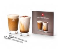 illy Indulgence - Kit de 2 vasos de cristal y 2 cucharillas de acero, de diseño con recetario de café, preparación de capuchino y espresso especial
