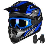 ILM Casco de Motocross para Niños con Gafas Guantes Todoterreno ATV Off Road ECE B07,Azul Negro,Joven-M