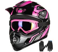 ILM Casco Moto Niño Motocross Dirt Bike para Jóven Unisex Homologado ECE22.06 Full Face Off Road ATV Enduro MTB Todoterreno con Gafas Guantes Modelo B07,Rosa Negro,M