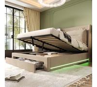 Iluminación capitoné iluminada, 140*190, iluminación hidráulica, tiroirs de rangement 2 en 1 en bout de lit, bandas luminosas encastrées des deux côtés du lit, sommier à lattes, sans matelas, terciop