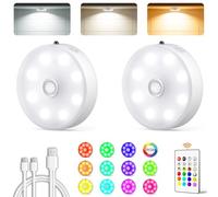Iluminación debajo del gabinete, luces de disco recargables con sensor de movimiento con control remoto, 3 temperaturas de color y 12 luces LED RGB LED que funcionan con pilas, luces magnéticas
