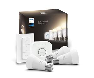 Iluminación Marca Philips Modelo Philips Hue White Starter Kit - Juego de iluminación inalámbrico - Bombilla LED x 3 - E27-9.5 W (Equivalente 75 W) - Clase F - luz Blanca cálida - 2700 K
