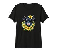 Ilustración Cabeza de Vaca Negra en Acuarela con Girasoles Camiseta Premium