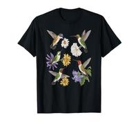 Ilustración de Colibríes Volando Entre Flores Coloridas Camiseta