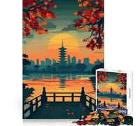 Ilustración de Paisaje al Atardecer en una Pagoda Japonesa Rompecabezas para Adultos de 1000 Piezas Práctica de lógica Pasatiempo Relajante Bordes limpios Gran Regalo (38x26cm)