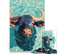 Ilustración de un búfalo de Agua en el Agua Rompecabezas de lógica de 1000 Piezas para Adultos Corte de precisión con Bordes Lisos reuniones Familiares (50x75cm)