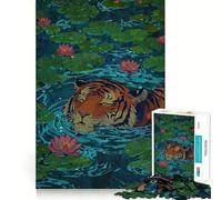 Ilustración de un Tigre Nadando en un Estanque de nenúfares Rompecabezas de 1000 Piezas para Adultos Juego Inteligente para aliviar el estrés Patrón de Montaje Sorpresa navideña 38x52cm