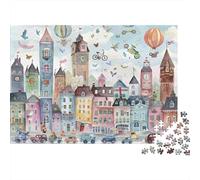 Ilustración de una Ciudad fantástica. Cartón 100% Reciclado. Ciudad fantástica con Torres de Reloj. Rompecabezas de 1000 Piezas para Adultos. Un Reto Que estimula la Mente. 70 x 50 cm / 1000 Piezas.