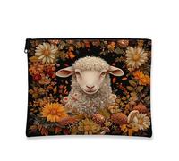 Ilustración Otoño Ovejas Bolsa de maquillaje 7 x 9 pulgadas para bolso de viaje, patrón de flores silvestres otoñales bolsa de cosméticos para mujeres, granja rural portátil organizador de lona con
