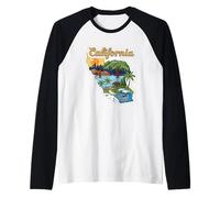Ilustración Retro de Aventura en California con el Puente Camiseta Manga Raglan