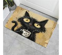 Ilustraciones de animales Felpudo Decorativas, Alfombrilla Negro Gato con taza de café Antideslizante Junta de Goma Alfombras para Suelos para Exteriores e Interiores Entrar Terraza Garaje 80 x 120 cm