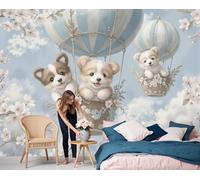 Ilustraciones infantiles Papel pintado panorámico decorativo, Globos aerostáticos con forma de perro Corgi y flores 3D mural impreso para dormitorio sala estar sala Oficina, Azul claro - 450x315cm