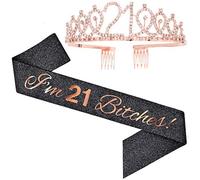 "I'm 21 Bitches!" Sash & Rhinestone Tiara Set - 21st Birthday Gifts Birthday Sash for Women Birthday Party Supplies (Black/Rose Gold)