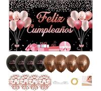 IM® Cartel Feliz Cumpleaños| Pancarta Feliz Cumpleaños en Español medidas 110x180cm Poliester + 12 Globos| Decoración para fiesta de cumpleaños | Photocall (NEGRO-ROSA)