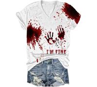 I'm Fine Tshirt Blood - Camiseta de verano para mujer, camiseta de verano para mujer, camiseta de manga corta con cuello en V, estampado sangriento, blusa de verano, ligera, disfraz de Halloween,