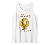 I'm Here I'm Awake Morning Mood Grumpy Frog Meme Coffee Camiseta sin Mangas