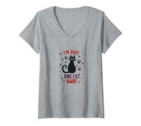I'm Just One Cat Away - Divertido Amante de los Animales Camiseta Cuello V, Mujer, Gris Jaspeado, L