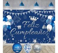 IM ® Pancarta Feliz Cumpleaños en Español medidas 110x180cm de Poliester + 12 globos | Decoración para fiesta de cumpleaños | Cartel Feliz cumpleaños | Photocall | (AZUL-BLANCO)