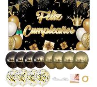 IM ® Pancarta Grande Feliz Cumpleaños en Español medidas 110x180cm de Poliester + 12 Globos | Decoración para fiesta de cumpleaños | Cartel Feliz cumpleaños |Photocall (NEGRO-DORADO)