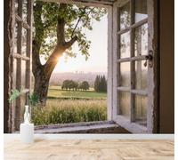 Imagen Del Amanecer A Través De La Ventana Árboles Pradera Paisaje Urbano En La Lejanía Papel Pintado 3D Seda Texturizada Primera Calidad Neutros Material Ideal Para SalóN Dormitorio-350cm×256cm