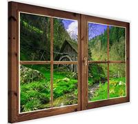 Imagen Moderno Ventana Falsa Impresión Lienzo Molino Río Paisaje Verde 60x40 cm