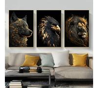 Imágenes de animales salvajes negro dorado animal póster, león, imágenes modernas de lobo y águila, lienzo para sala de estar, decoración del hogar, sin marco (oro negro-A, 50 x 70 cm x 3, sin marco)