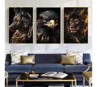 Imágenes de animales salvajes póster de animales negro oro, imágenes de león modernas de lobo y águila arte lienzo para salón decoración del hogar decoración sin marco (Negro Oro-B, 40x60cm*3, Sin