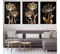 Imágenes de Pared-Cuadro Abstracto de Flores Negras y Doradas en Lienzo Póster Nórdico Moderno Neutro Impresión Cocina Oficina Sala de Estar Arte de Pared Decoración Hogar-(40W*60Lcm)-3pcs Sin marco