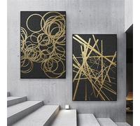 Imágenes,Póster Abstracto Arte Mural Línea Dorada Lámina Artística Abstracta Círculo Dorado Pintura Sobre Lienzo Grande Color Negro Decoración Dormitorio Oficina Hogar-50*70cm*2PCS (Sin marco)