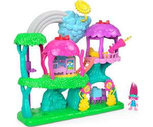 Imaginext Conjunto de Juego de casa del árbol arcoíris con Luces y Sonidos DreamWorks Trolls con Poppy, 7 Piezas, Juguete +3 años (Mattel HML49)