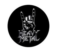 Imán redondo de metal pesado en plata brillante con fondo negro, imprescindible para los fans del metal pesado