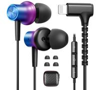 iMangoo Auriculares con cable en ángulo de 90° para Lightning, color morado | Certificado MFi para Apple iPhone 14 Plus 13 12 11 Pro Max para iPad, auriculares con cable con micrófono/control de volumen