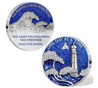 Imasoner Moneda de sobriedad de 3 años AA Medallón de recuperación, chip sobrio de faro con purpurina azul, un día a la vez con ondas oceánicas de diamantes de imitación, regalo inspirador para