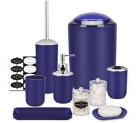 IMAVO Juego de accesorios de baño - Juego de 8 accesorios de baño azules con cubo de basura, dispensador de jabón, jabonera, soporte para cepillo de dientes, vaso para cepillo de dientes, soporte para