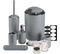 IMAVO Juego de accesorios de baño - Juego de 8 accesorios de baño grises con cubo de basura, dispensador de jabón, jabonera, soporte para cepillo de dientes, vaso para cepillo de dientes, soporte para