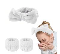 IMAXWAVE Kit de Spa para Cuidado Facial: Diadema Suave en Forma de Lazo y Muñequeras Absorbentes para Maquillaje y Tratamientos de Belleza, Ideal para Rutinas Diarias y Spa en Casa - Blanco
