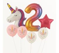 IMAXWAVE Set de Globos Unicornio para Cumpleaños de Niña, Globo Gigante, Incluye Decoración Infantil Arcoíris para Fiesta Temática, Cumpleaños y Sesiones de Fotos (7 Piezas - Número 2)