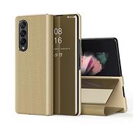 IMEIKONST Compatible con Samsung Galaxy Z Fold 3 5G Funda, Carcasa Espejo Design Clear View Makeup Protectora Flip PC + PU Caso para Samsung Galaxy Z Fold 3 5G Flip Mirror: Golden QH