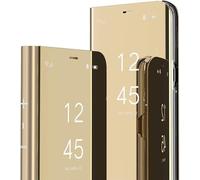 IMEIKONST Funda Compatible con iPhone 14 Pro MAX, Carcasa Espejo Flip Caso Inteligente Protector Anti-Shock Translúcido Clear View Maquillaje Cover para iPhone 14 Pro MAX. Mirror Oro QH