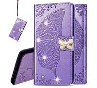 IMEIKONST Funda Compatible con OPPO Find X5 Lite, Diamantes Funda de Cuero PU Billetera Cáscara Magnético de Soporte y Ranuras para Tarjetas para OPPO Find X5 Lite. Cristal Mariposa Lavender SD